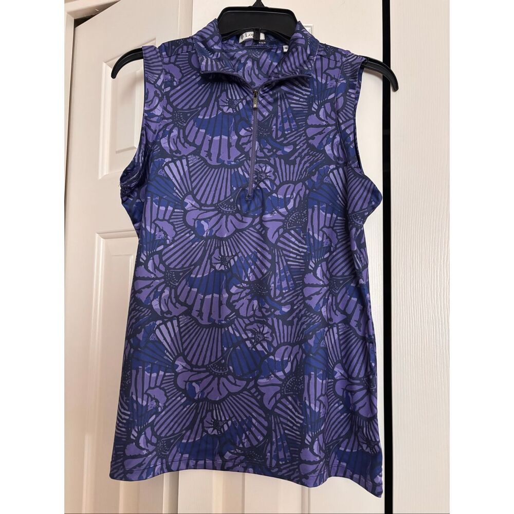 Sleeveless Zip Polo Top - Purple Floral Print